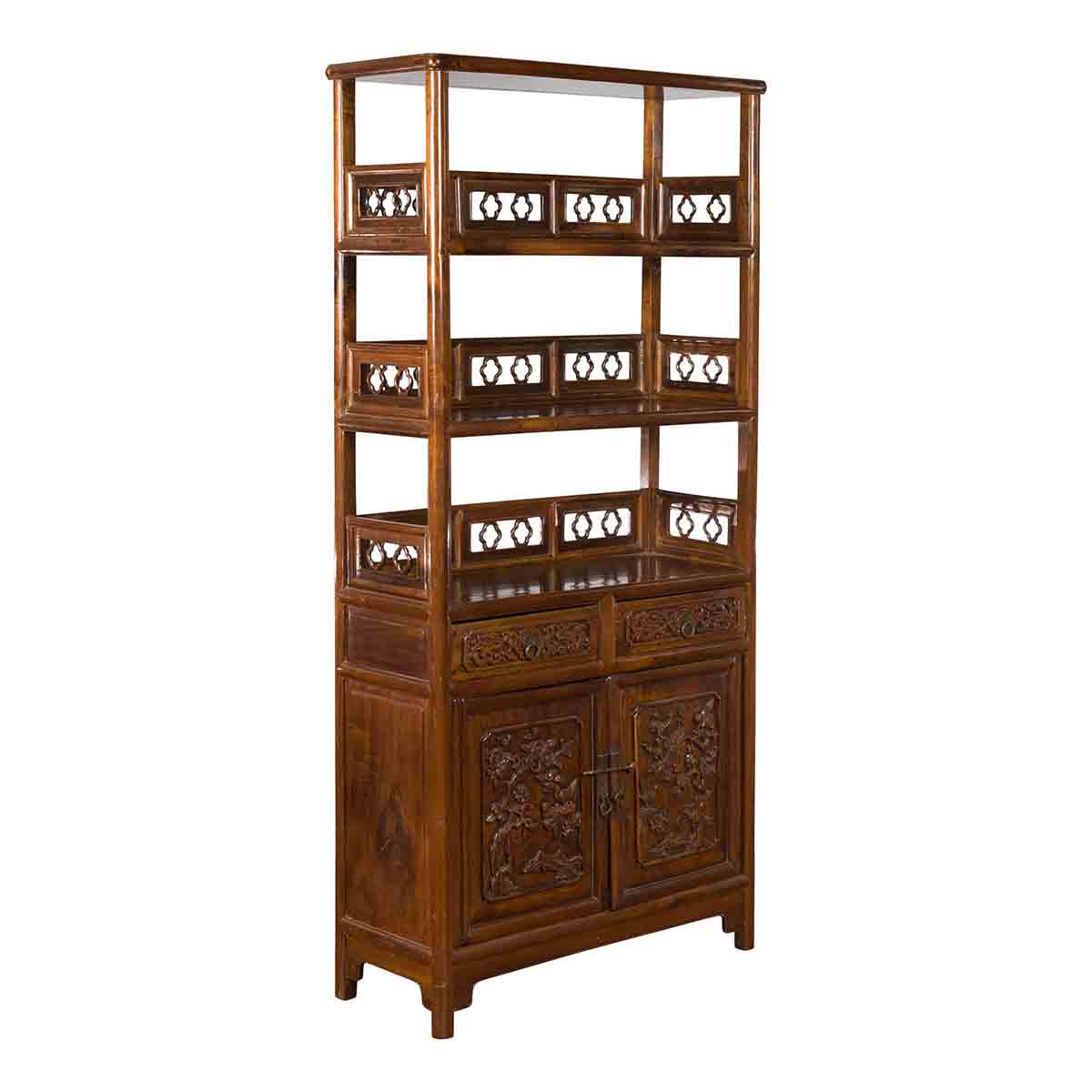 Chinese Early 20th Century Bookcase with Open Shelves, Drawer and Carved Doors-1. Asian & Chinese Furniture, Art, Antiques, Vintage Home Décor for sale at FEA Home