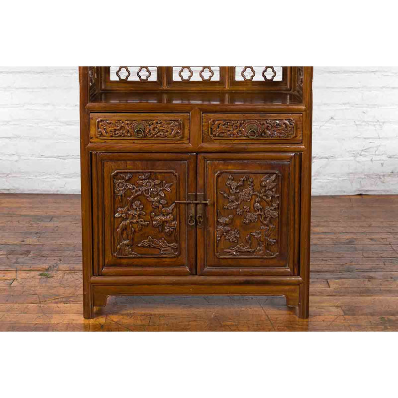 Chinese Early 20th Century Bookcase with Open Shelves, Drawer and Carved Doors-YN7440-8. Asian & Chinese Furniture, Art, Antiques, Vintage Home Décor for sale at FEA Home