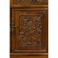 Chinese Early 20th Century Bookcase with Open Shelves, Drawer and Carved Doors