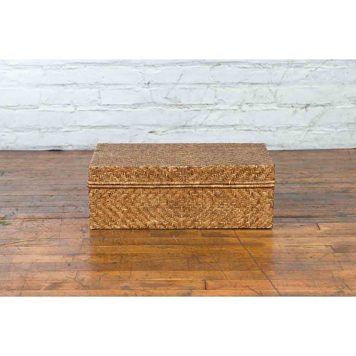 Vintage Chinese Rattan over Wood Rectangular Box or Low Side Table-3. Asian & Chinese Furniture, Art, Antiques, Vintage Home Décor for sale at FEA Home