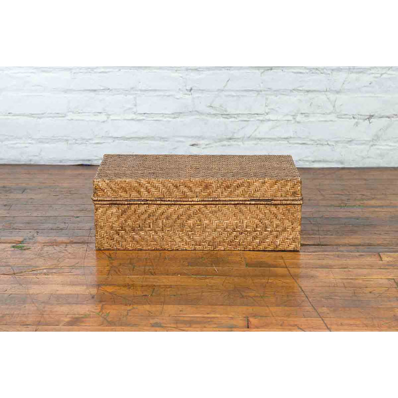 Vintage Chinese Rattan over Wood Rectangular Box or Low Side Table