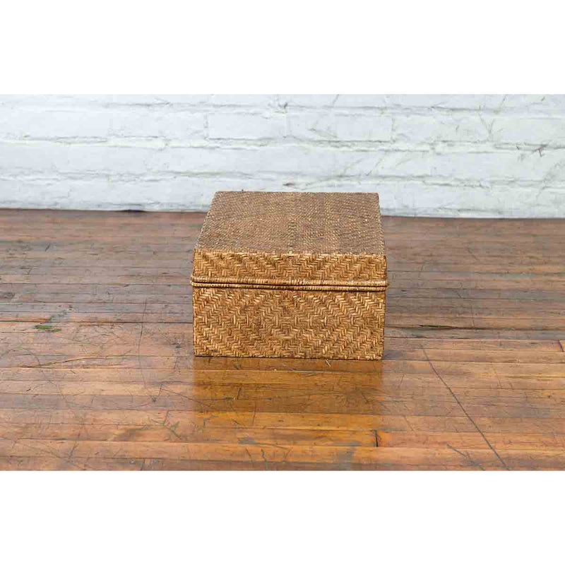 Vintage Chinese Rattan over Wood Rectangular Box or Low Side Table