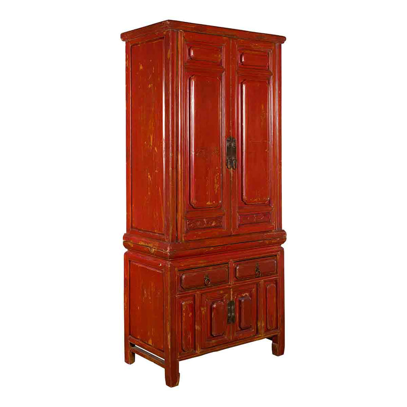 Qing Dynasty 19th Century Red Lacquer Compound Cabinet with Raised Panels-YN7450-1. Asian & Chinese Furniture, Art, Antiques, Vintage Home Décor for sale at FEA Home