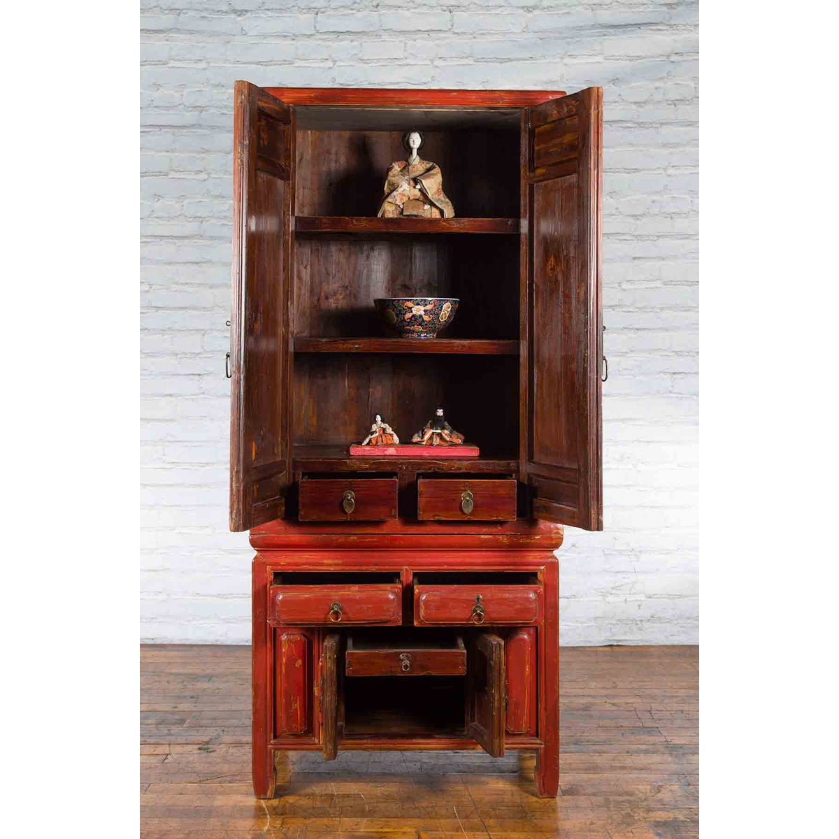 Qing Dynasty 19th Century Red Lacquer Compound Cabinet with Raised Panels-4. Asian &amp; Chinese Furniture, Art, Antiques, Vintage Home Décor for sale at FEA Home