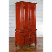 Qing Dynasty 19th Century Red Lacquer Compound Cabinet with Raised Panels