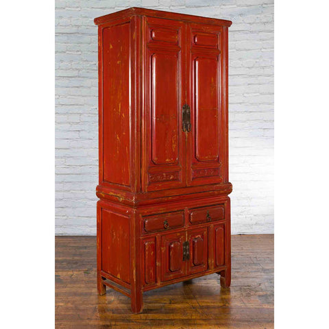 Qing Dynasty 19th Century Red Lacquer Compound Cabinet with Raised Panels-YN7450-3. Asian & Chinese Furniture, Art, Antiques, Vintage Home Décor for sale at FEA Home