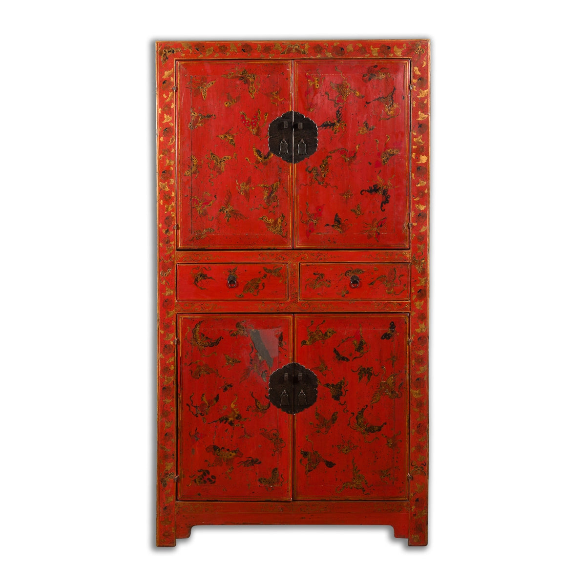 Chinese Qing Dynasty 19th Century Red Lacquer Cabinet with Butterfly Décor-1. Asian & Chinese Furniture, Art, Antiques, Vintage Home Décor for sale at FEA Home