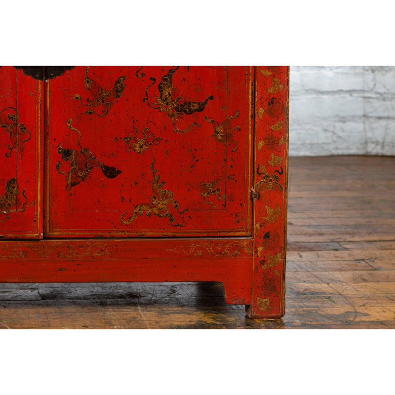 Chinese Qing Dynasty 19th Century Red Lacquer Cabinet with Butterfly Décor-YN7452-11. Asian & Chinese Furniture, Art, Antiques, Vintage Home Décor for sale at FEA Home
