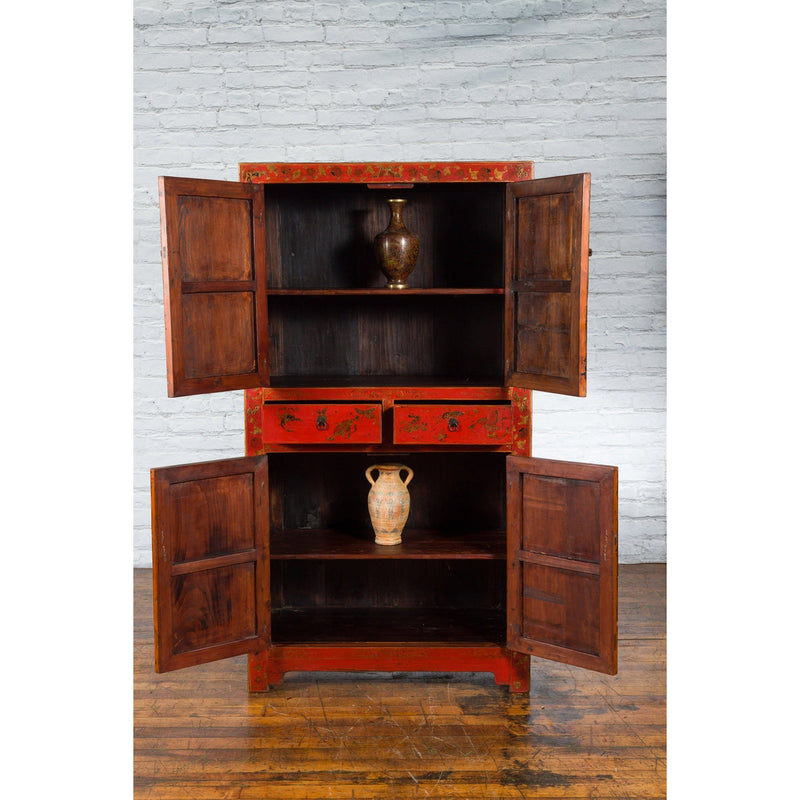 Chinese Qing Dynasty 19th Century Red Lacquer Cabinet with Butterfly Décor-YN7452-2. Asian & Chinese Furniture, Art, Antiques, Vintage Home Décor for sale at FEA Home