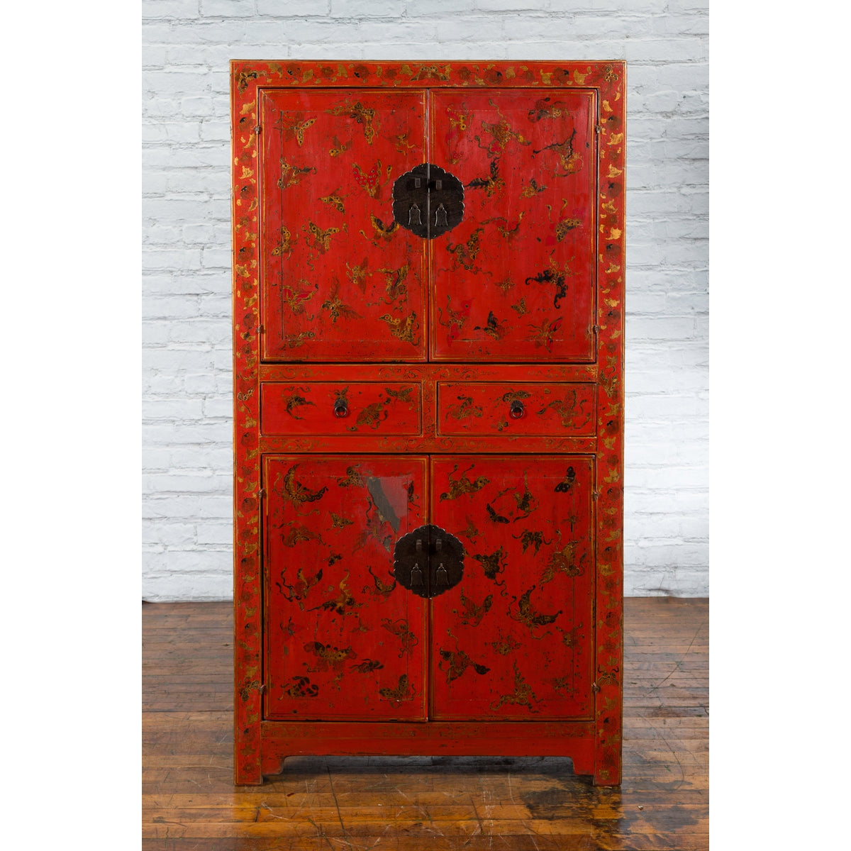 Chinese Qing Dynasty 19th Century Red Lacquer Cabinet with Butterfly Décor-3. Asian &amp; Chinese Furniture, Art, Antiques, Vintage Home Décor for sale at FEA Home