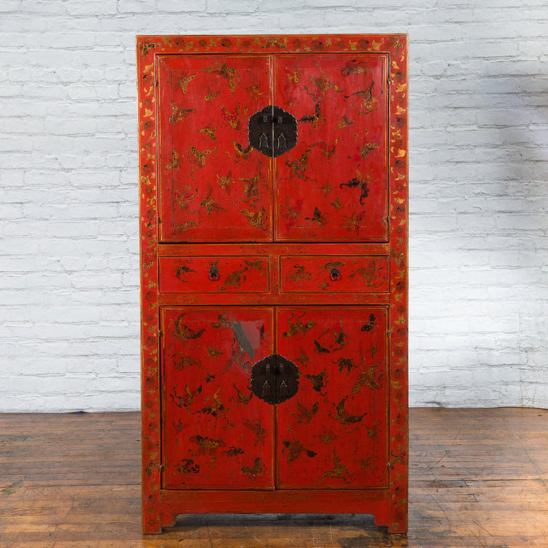 Chinese Qing Dynasty 19th Century Red Lacquer Cabinet with Butterfly Décor-YN7452-4. Asian & Chinese Furniture, Art, Antiques, Vintage Home Décor for sale at FEA Home