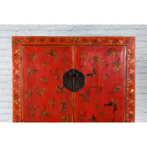Chinese Qing Dynasty 19th Century Red Lacquer Cabinet with Butterfly Décor-YN7452-5. Asian & Chinese Furniture, Art, Antiques, Vintage Home Décor for sale at FEA Home