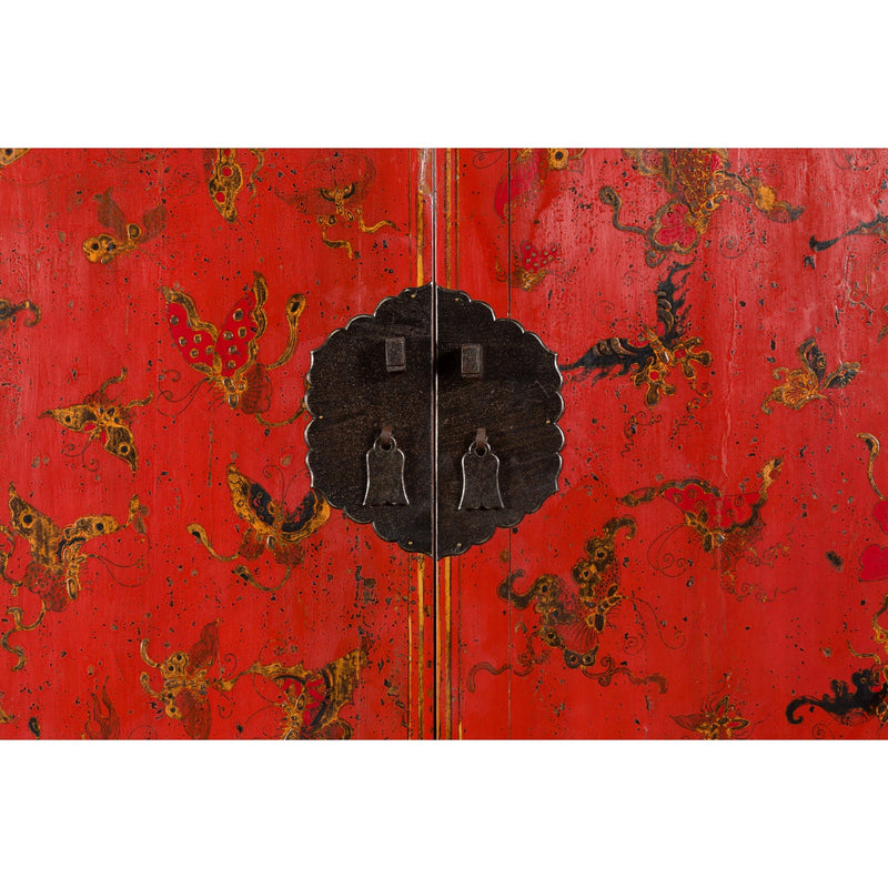 Chinese Qing Dynasty 19th Century Red Lacquer Cabinet with Butterfly Décor-YN7452-6. Asian & Chinese Furniture, Art, Antiques, Vintage Home Décor for sale at FEA Home