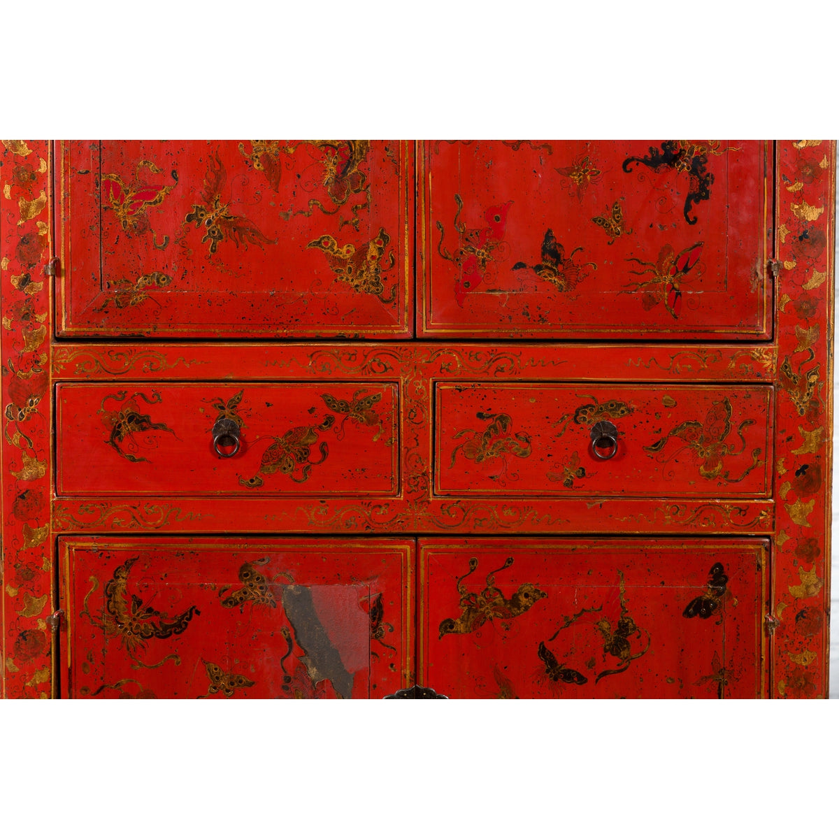 Chinese Qing Dynasty 19th Century Red Lacquer Cabinet with Butterfly Décor-7. Asian &amp; Chinese Furniture, Art, Antiques, Vintage Home Décor for sale at FEA Home