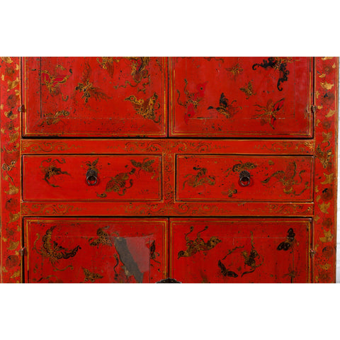 Chinese Qing Dynasty 19th Century Red Lacquer Cabinet with Butterfly Décor-YN7452-7. Asian & Chinese Furniture, Art, Antiques, Vintage Home Décor for sale at FEA Home