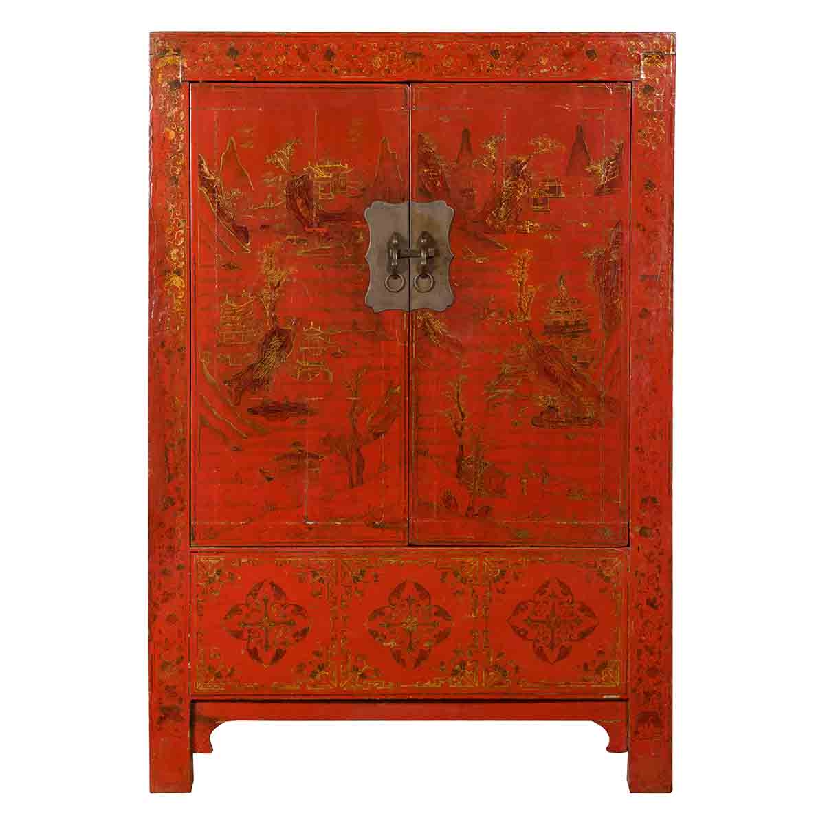 Qing Dynasty Red Lacquer 19th Century Cabinet with Gilded Chinoiserie Décor-1. Asian & Chinese Furniture, Art, Antiques, Vintage Home Décor for sale at FEA Home