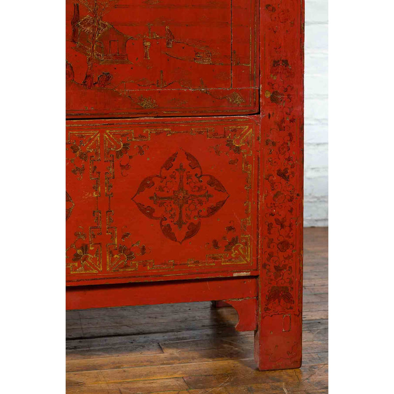 Qing Dynasty Red Lacquer 19th Century Cabinet with Gilded Chinoiserie Décor