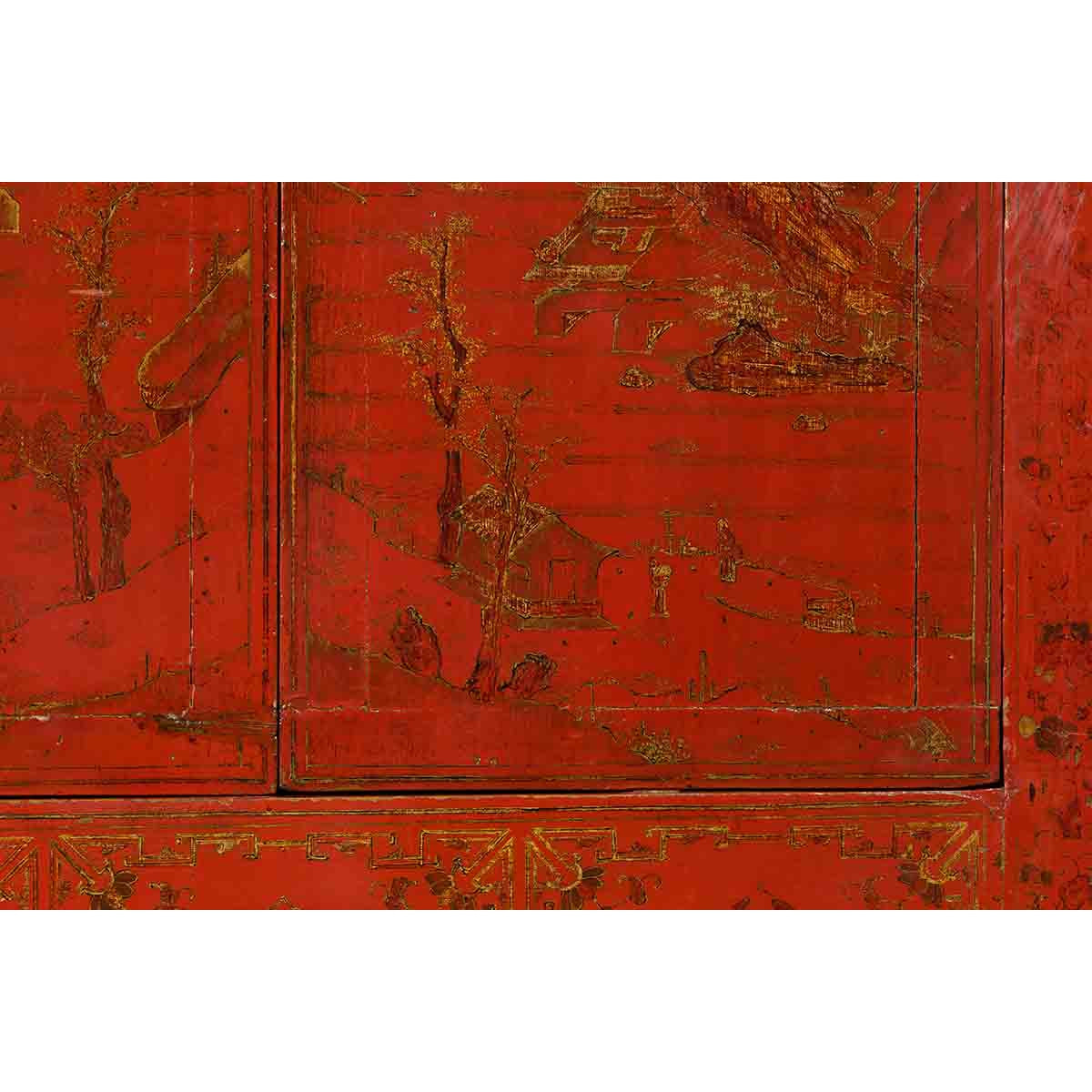 Qing Dynasty Red Lacquer 19th Century Cabinet with Gilded Chinoiserie Décor-14. Asian &amp; Chinese Furniture, Art, Antiques, Vintage Home Décor for sale at FEA Home