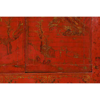 Qing Dynasty Red Lacquer 19th Century Cabinet with Gilded Chinoiserie Décor