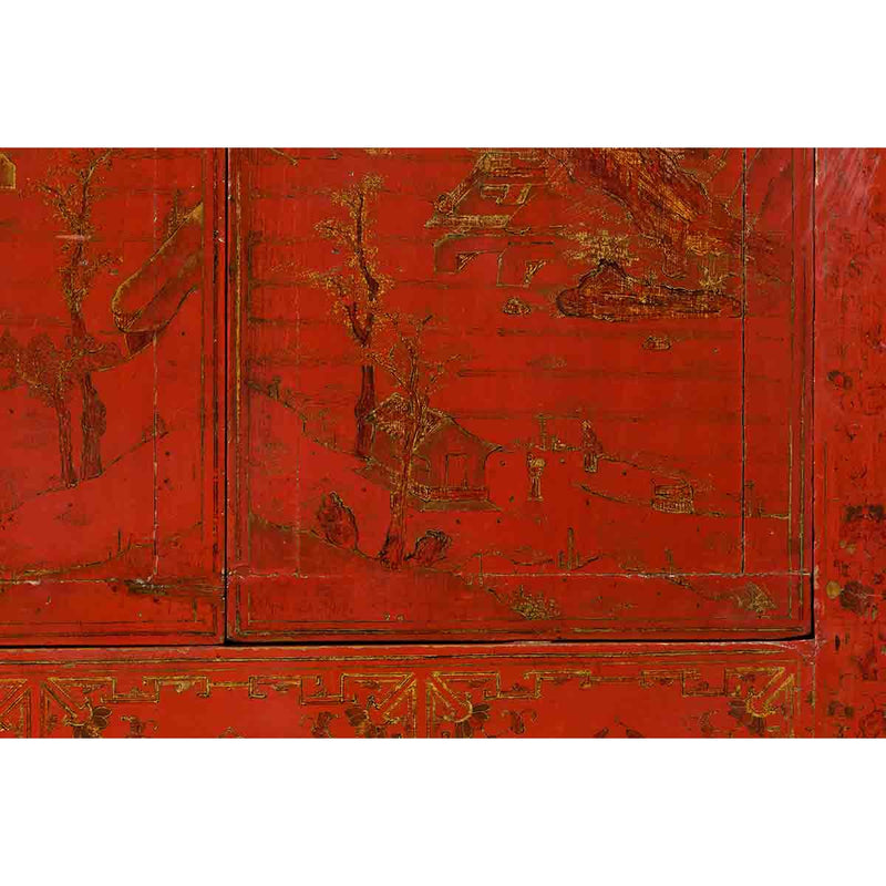 Qing Dynasty Red Lacquer 19th Century Cabinet with Gilded Chinoiserie Décor