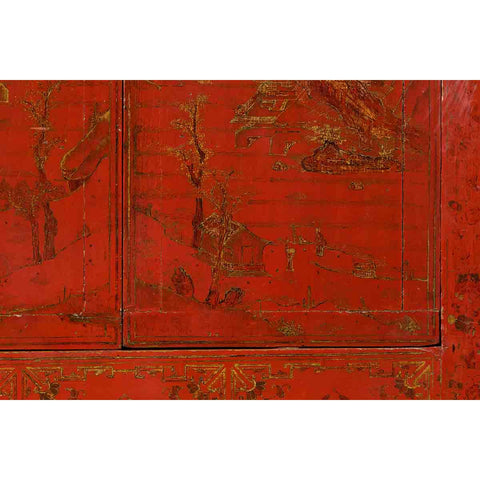 Qing Dynasty Red Lacquer 19th Century Cabinet with Gilded Chinoiserie Décor
