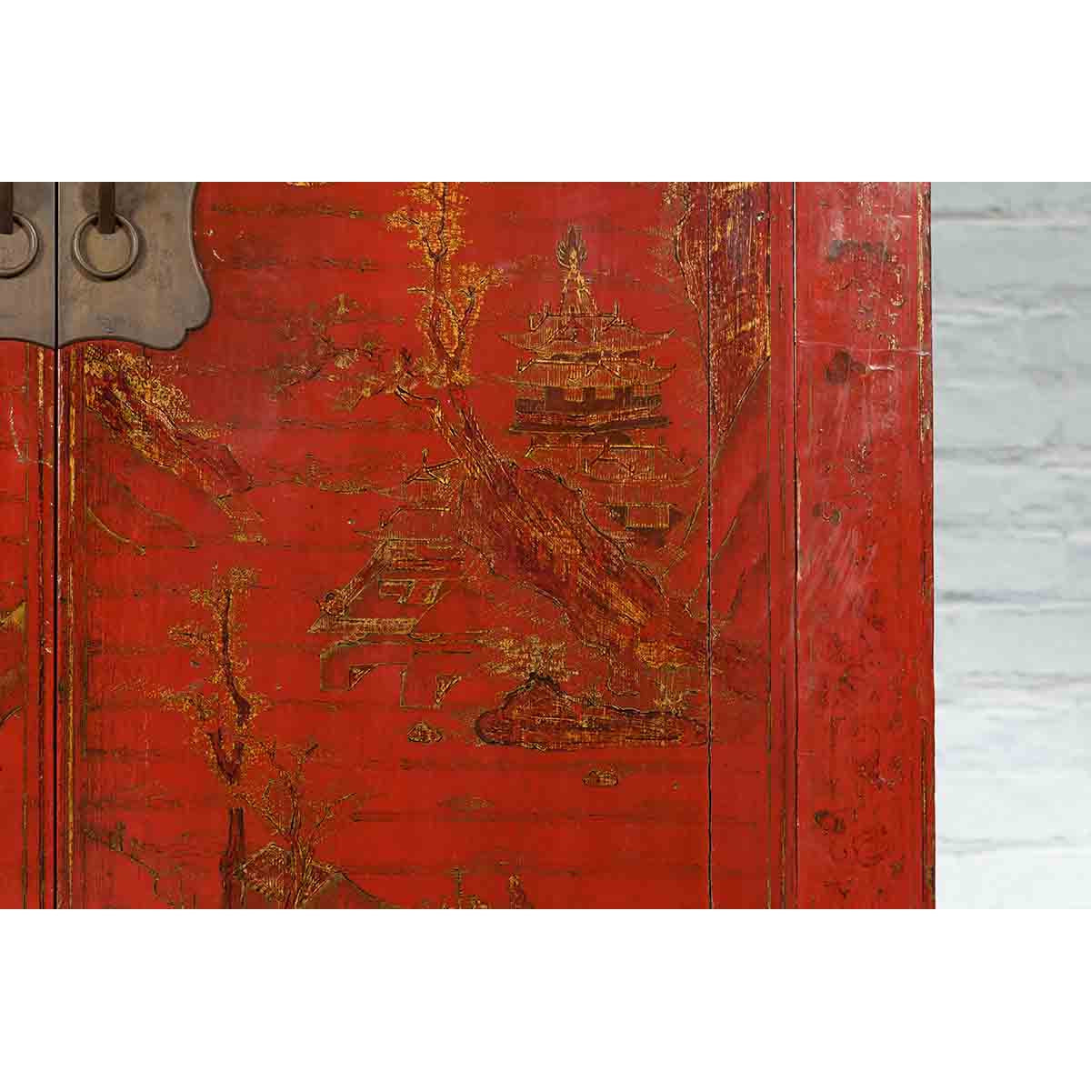 Qing Dynasty Red Lacquer 19th Century Cabinet with Gilded Chinoiserie Décor-15. Asian &amp; Chinese Furniture, Art, Antiques, Vintage Home Décor for sale at FEA Home