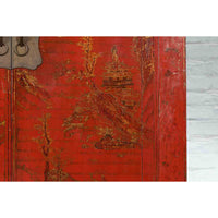 Qing Dynasty Red Lacquer 19th Century Cabinet with Gilded Chinoiserie Décor