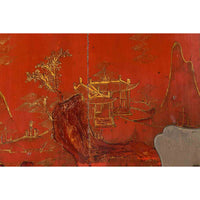 Qing Dynasty Red Lacquer 19th Century Cabinet with Gilded Chinoiserie Décor