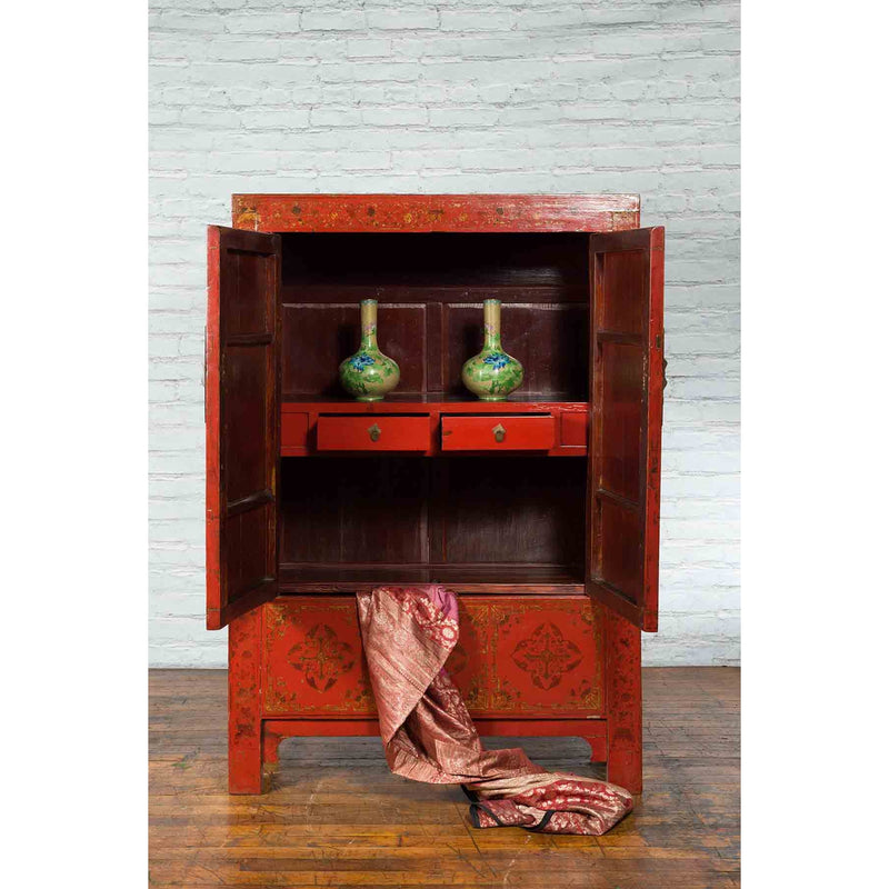 Qing Dynasty Red Lacquer 19th Century Cabinet with Gilded Chinoiserie Décor