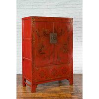 Qing Dynasty Red Lacquer 19th Century Cabinet with Gilded Chinoiserie Décor