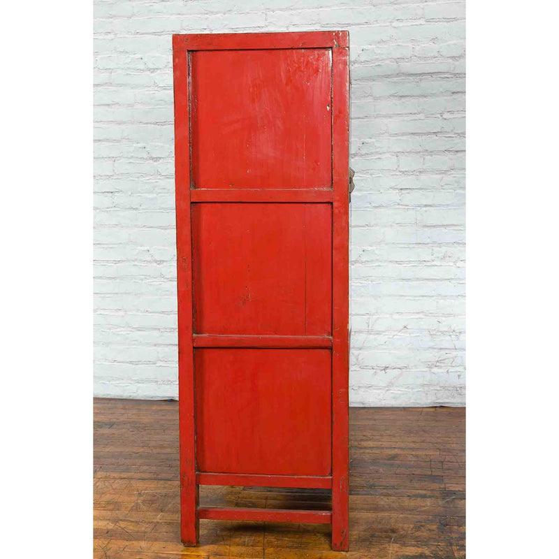 Qing Dynasty Red Lacquer 19th Century Cabinet with Gilded Chinoiserie Décor