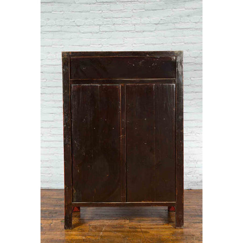 Qing Dynasty Red Lacquer 19th Century Cabinet with Gilded Chinoiserie Décor