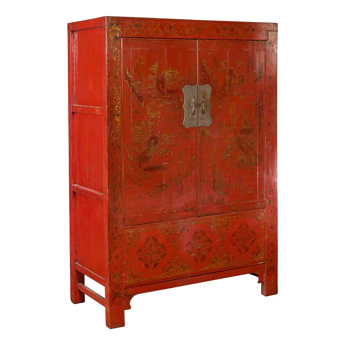 Qing Dynasty Red Lacquer 19th Century Cabinet with Gilded Chinoiserie Décor-3. Asian &amp; Chinese Furniture, Art, Antiques, Vintage Home Décor for sale at FEA Home