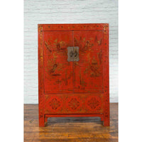 Qing Dynasty Red Lacquer 19th Century Cabinet with Gilded Chinoiserie Décor