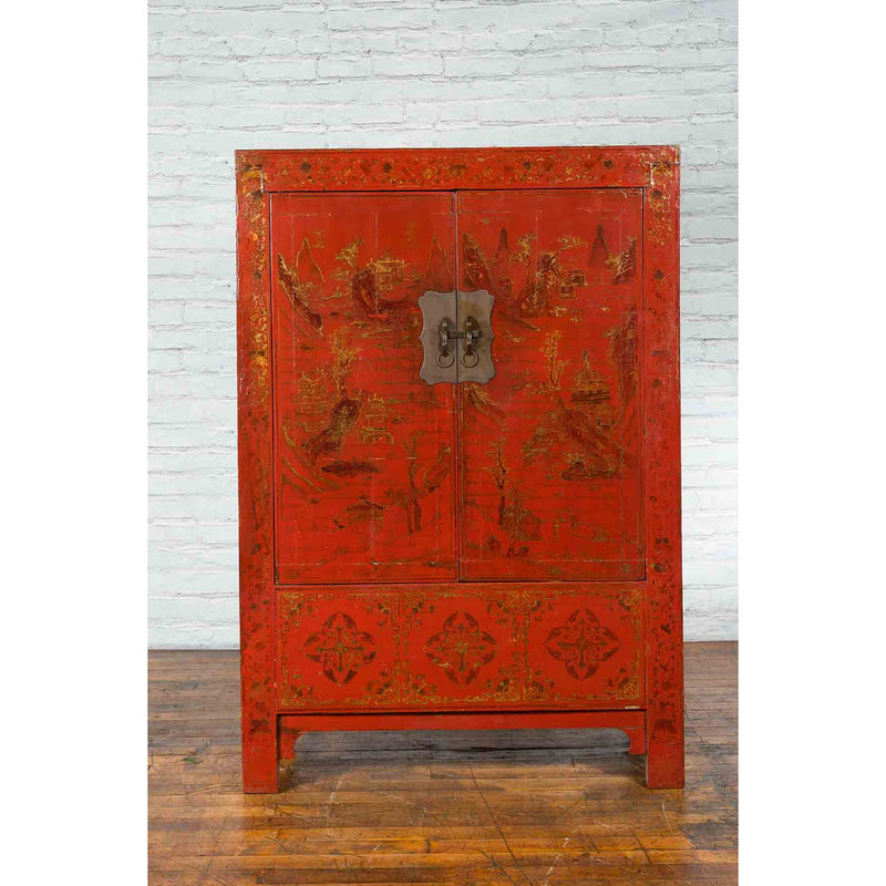 Qing Dynasty Red Lacquer 19th Century Cabinet with Gilded Chinoiserie Décor