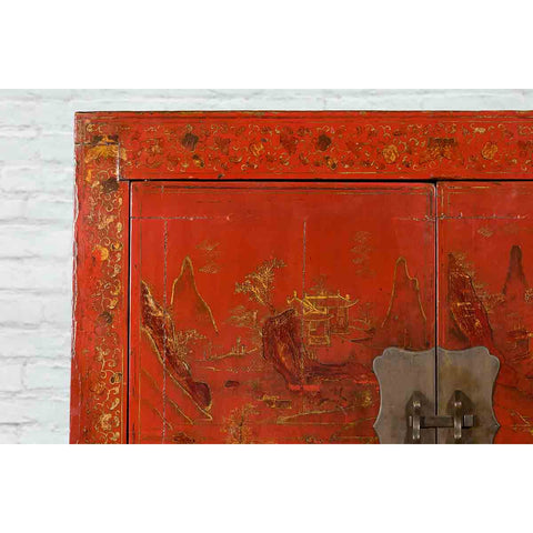 Qing Dynasty Red Lacquer 19th Century Cabinet with Gilded Chinoiserie Décor