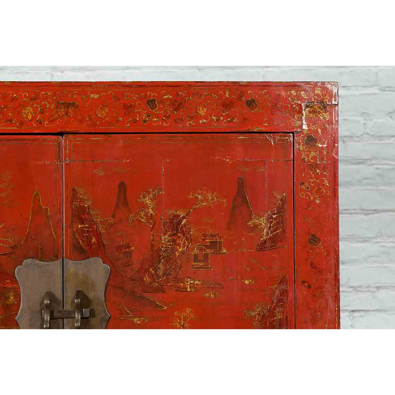 Qing Dynasty Red Lacquer 19th Century Cabinet with Gilded Chinoiserie Décor