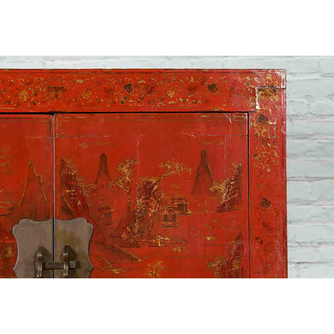 Qing Dynasty Red Lacquer 19th Century Cabinet with Gilded Chinoiserie Décor