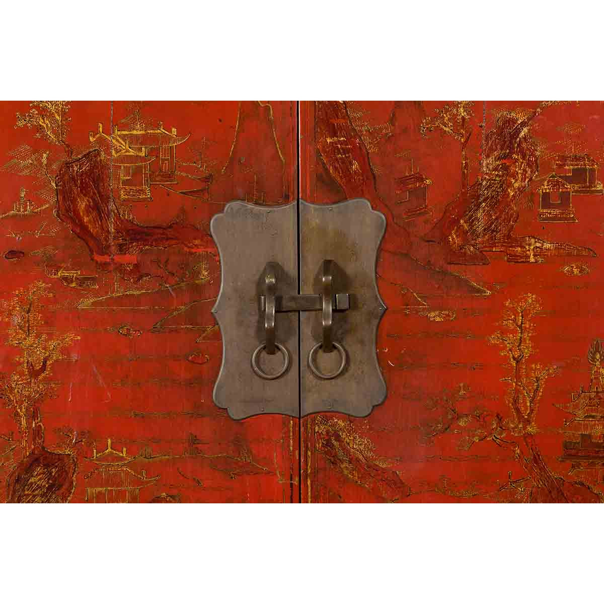 Qing Dynasty Red Lacquer 19th Century Cabinet with Gilded Chinoiserie Décor-8. Asian &amp; Chinese Furniture, Art, Antiques, Vintage Home Décor for sale at FEA Home