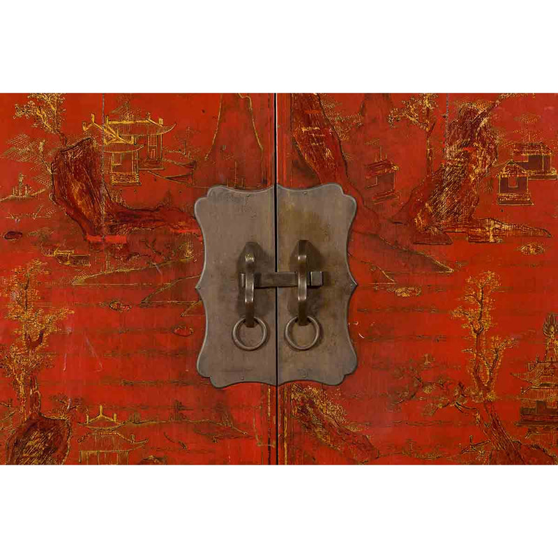 Qing Dynasty Red Lacquer 19th Century Cabinet with Gilded Chinoiserie Décor