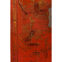 Qing Dynasty Red Lacquer 19th Century Cabinet with Gilded Chinoiserie Décor