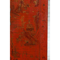 Qing Dynasty Red Lacquer 19th Century Cabinet with Gilded Chinoiserie Décor