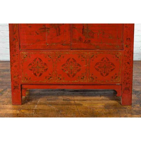 Qing Dynasty Red Lacquer 19th Century Cabinet with Gilded Chinoiserie Décor