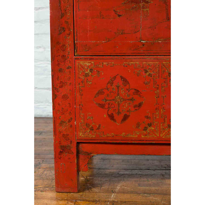 Qing Dynasty Red Lacquer 19th Century Cabinet with Gilded Chinoiserie Décor