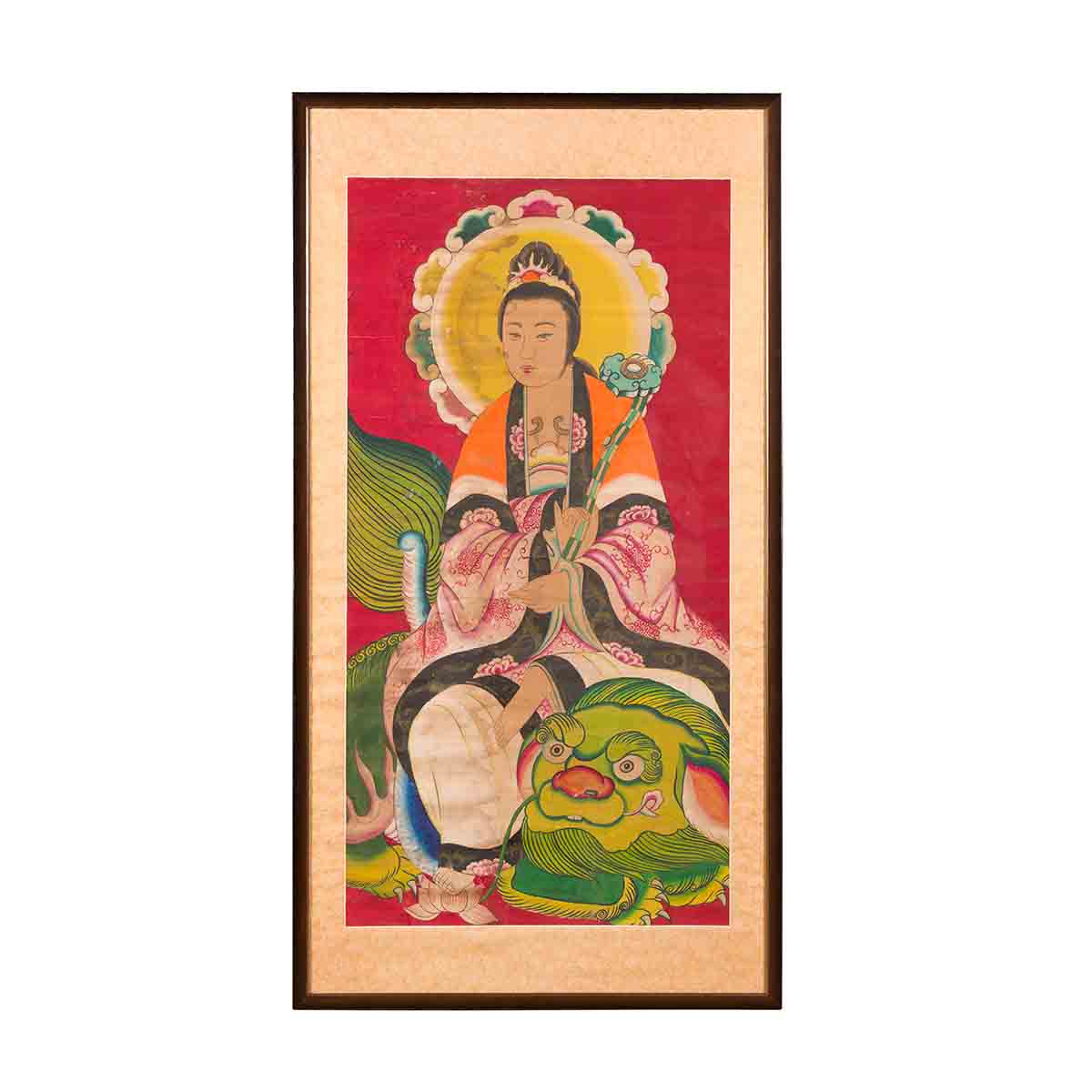 Large Framed Indian 19th Century Painting of Guanyin Sitting on a Dragon-1. Asian & Chinese Furniture, Art, Antiques, Vintage Home Décor for sale at FEA Home