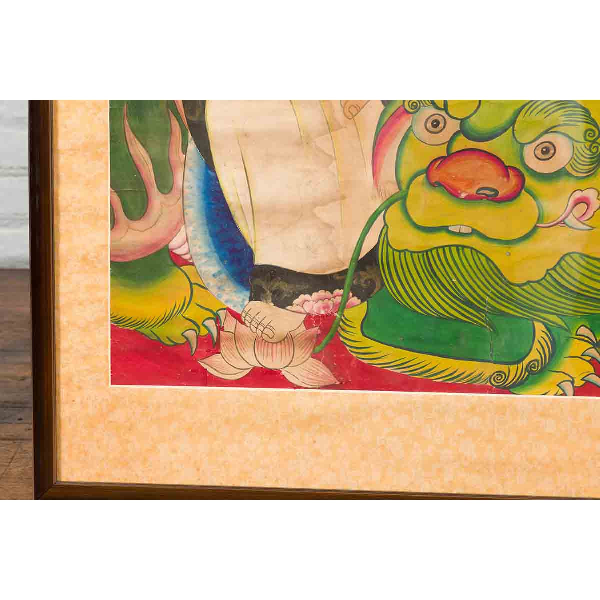 Large Framed Indian 19th Century Painting of Guanyin Sitting on a Dragon-11. Asian &amp; Chinese Furniture, Art, Antiques, Vintage Home Décor for sale at FEA Home