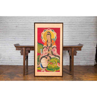 Large Framed Indian 19th Century Painting of Guanyin Sitting on a Dragon