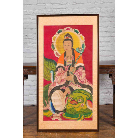 Large Framed Indian 19th Century Painting of Guanyin Sitting on a Dragon-YN7457-4. Asian & Chinese Furniture, Art, Antiques, Vintage Home Décor for sale at FEA Home