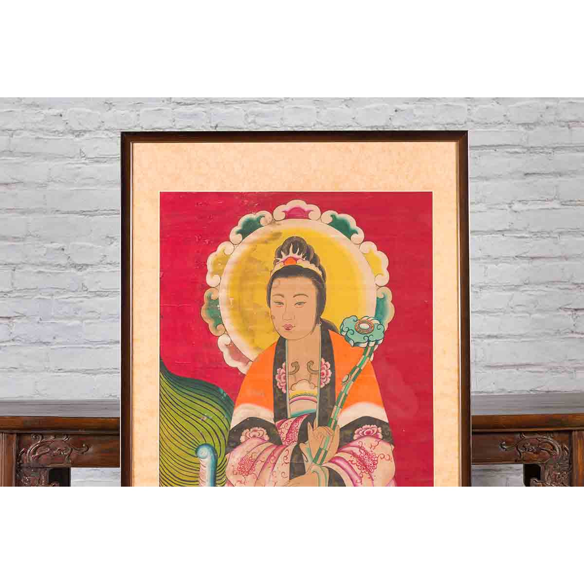 Large Framed Indian 19th Century Painting of Guanyin Sitting on a Dragon-5. Asian &amp; Chinese Furniture, Art, Antiques, Vintage Home Décor for sale at FEA Home