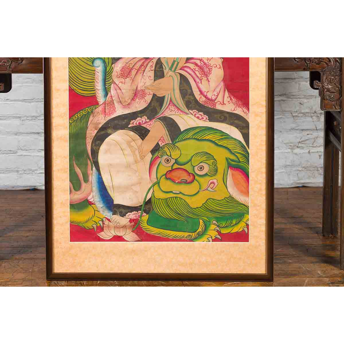 Large Framed Indian 19th Century Painting of Guanyin Sitting on a Dragon-6. Asian &amp; Chinese Furniture, Art, Antiques, Vintage Home Décor for sale at FEA Home